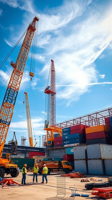Photographs capturing the bustling construction site of the dry port in Drogobich, featuring cranes and machinery in action, workers wearing safety gear coordinating tasks, large shipping containers being stacked and organized, and the skeletal framework of future infrastructure rising against the skyline amidst a backdrop of vibrant blue sky, illustrating the dynamic progress and innovative engineering driving this transformative project. Photographs capturing the bustling construction site of the dry port in Drogobich, featuring cranes and machinery in action, workers wearing safety gear coordinating tasks, large shipping containers being stacked and organized, and the skeletal framework of future infrastructure rising against the skyline amidst a backdrop of vibrant blue sky, illustrating the dynamic progress and innovative engineering driving this transformative project.