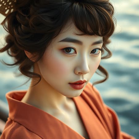 Asian woman with elegantly curled hair, captured in the style of a Samyang AF 14mm f/2.8 lens, exuding Oshare Kei flair. Set against a backdrop of hyper-realistic water, her distinct facial features shine with a touch of Mori Kei fashion and Hallyu influence. The scene emphasizes a palette of deep beige tones.