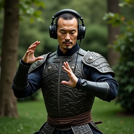 A male warrior clad in sleek, full-body armor, intricately engraved with ancient symbols, stands in a serene garden. He wears headphones that emit the soothing strains of a symphony, blending seamlessly with the gentle rustle of leaves around him. A calm expression graces his face, eyes closed in concentration as he moves with fluid grace, practicing tai chi. His movements are a harmonious dance, each flowing pose an embodiment of discipline and tranquility, juxtaposed against the indomitable strength of his armored form.