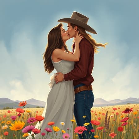 Romantic illustration featuring a couple locked in an intimate kiss, embodying the timeless allure of a romance novel set in the rugged Wild West, framed by a vibrant field of wildflowers under a soft, whispering breeze.