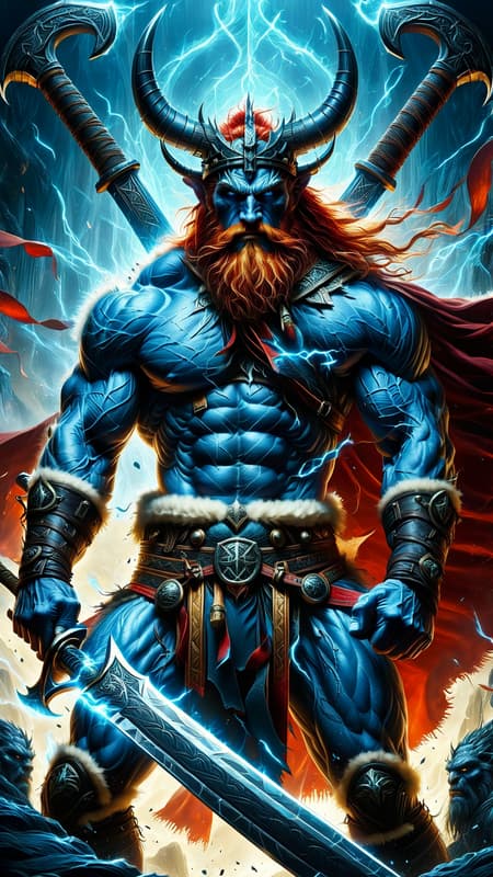 From the realm of faeries and fantasy. A handsome troll with pale blue skin like a Smurf. (((blue skin))) Warrior. He wields a giant Viking war axe. Tall, strong, big muscles, muscular, sinewy, broad chested, wide back, narrow waist, bodybuilder. Short fiery red hair, mullet with middle-parted bangs. White steer horns curved upwards from the front of his temples. Handsome masculine rugged face, Icy blue eyes, strong brow and jaw. Dark red beard, neatly trimmed with sideburns. Golden pauldrons trimmed with black on broad shoulders. Black leather bondage harness on his bare chest, dark blue tribal tattoos on his chest. Black leather bracers on strong arms. White fur loincloth covering his girth, exposing strong muscular legs, a golden Viking styled belt trimmed with black around his waist. Knee-high black leather boots with white fur tops. A Scarlet-red short cape with golden-yellow Viking designed trim around the edges. Full body pose, axe raised in warrior stance. {{MASTERPIECE}} From the realm of faeries and fantasy. A handsome troll with pale blue skin like a Smurf. (((blue skin))) Warrior. He wields a giant Viking war axe. Tall, strong, big muscles, muscular, sinewy, broad chested, wide back, narrow waist, bodybuilder. Short fiery red hair, mullet with middle-parted bangs. White steer horns curved upwards from the front of his temples. Handsome masculine rugged face, Icy blue eyes, strong brow and jaw. Dark red beard, neatly trimmed with sideburns. Golden pauldrons trimmed with black on broad shoulders. Black leather bondage harness on his bare chest, dark blue tribal tattoos on his chest. Black leather bracers on strong arms. White fur loincloth covering his girth, exposing strong muscular legs, a golden Viking styled belt trimmed with black around his waist. Knee-high black leather boots with white fur tops. A Scarlet-red short cape with golden-yellow Viking designed trim around the edges. Full body pose, axe raised in warrior stance. {{MASTERPIECE}}