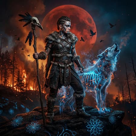 A fierce female warrior with short dark hair and blue tribal markings on her face and neck, wearing fur-trimmed dark leather armor and holding a staff with a bird skull, stands heroically. Beside her, a spectral wolf howls, its body wreathed in smoke and glowing embers, with a vibrant blue ribcage. In the background, a massive blood-red moon dominates the sky over a dark, burning forest with abstract glowing blue flowers on the ground. Dark fantasy art style, dramatic lighting, epic mood. Rich, contrasting colors of red, black, blue, and orange. Detailed smoke and ember effects. Crows fly in the background.