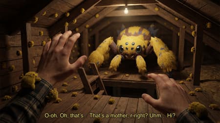 On the picture you see following scene - we found some weird white coccoon on attic and desided to poke it with mop. Well, turned out it was spiders coccoon. Well, not spiders - joltiks. And all of those tiny pokemon started running around now free. I want to make a continuation of this scene: First‑person POV, continuation of the attic scene. We turned back to run, but freeze mid‑step. Several tiny Joltiks are still crawling on their hands and forearm, one even perched on their sleeve. Joltiks also start crawling on walls around us, and on ceiling of this attic. So now we are looking at another part of attic, so keep it in the same style, but not the same place. We don't see coccoon Blocking the only exit ( a hole in floor with stepladder down) is a massive Galvantula — a pony‑sized, spider‑like Pokémon, covered in short yellow fur with brown stripes and blue elements. It is standing slightly in the distance, 3 meters between us and her. Use image 2 for its anatomy (4 legs, two additional ones in front, short, 6 eyes, 2 of which are large...) It is staring directly at the viewer with an unreadable, patient expression. Not aggressive, but deeply, overwhelmingly watchful. The viewer's hands are trembling. A few Joltiks on their arm are unbothered running up and down. The Galvantula tilts its head slightly, mandibles twitching. Around us - more and more galvantulas run across walls and ceiling towards galvantula. There is a line in subtitles in the same font like in image 1: "O-oh. Oh, that's... That's a mother, r-right? Uhm... Hi?" The lighting is dim, lit by the same bare bulb, casting long shadows. The Galvantula's eyes reflect the faint light. Hyperrealistic textures: fur, eyes, wood grain, tiny Joltik bodies. Shallow depth of field keeps the Galvantula sharp, the background soft. 3:4 ratio. And galvantula CLEARLY looks at us. 