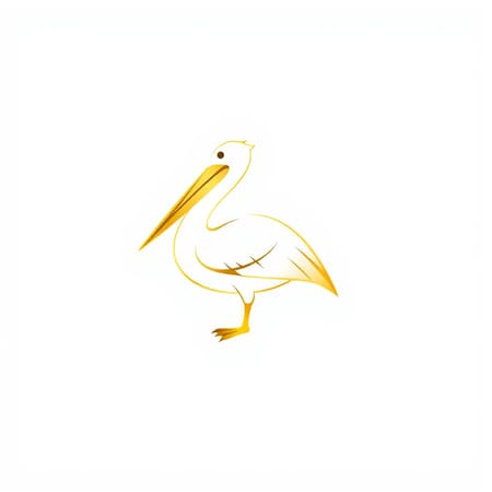 Vector drawing of a corporate logo featuring a stylised pelican in gold on a white background, exhibiting a minimalistic and classy design. The pelican is sleek and elegant, reflecting corporate sophistication. The design is inspired by high-end branding aesthetics, echoing the style of Tom Geismar's graphic design work. The image is a digital vector creation with precise detailing, ensuring clarity and sharpness. The palette is limited to gold and white, emphasizing the luxurious and professional nature of the logo. The pelican's form is abstract yet recognizable, with clean lines and a balanced composition.