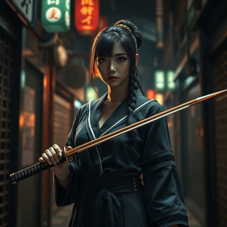 A stunning Japanese woman in a traditional school uniform stands confidently with a gleaming katana, illuminated by dim neon lights in an atmospheric alley. The scene is cinematic and detailed, rendered in ultra-realistic 3D with a focus on expressive style, capturing the interplay of shadows and light in high definition, in the style of Unreal Engine. The atmosphere is heightened with a sense of suspense, as if telling a story of a skilled warrior in a modern urban setting.