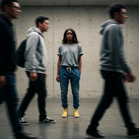 A photograph capturing the essence of urban hustle, featuring a sharply focused female professional model standing still amidst the blurred motion of people walking past her. She wears a grey loose-fit T-shirt, denim jogger pants, and vibrant yellow skateboard shoes. The surrounding figures, dressed in loose-fit hoodies, jogger pants, and sneakers, blur into a movement that envelops her, highlighting her stillness against their haste. Shot using a Sony α9 II with a Sony FE 100-400mm f/4.5-5.6 GM OSS lens, the scene is set in an open, minimalistic space illuminated with soft, indirect lighting. The neutral color scheme and plain textured wall in the background accentuate the contrast between the static main subject and the dynamic environment, underscoring the theme of stillness amidst chaos.