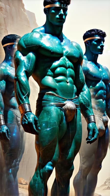Sci-Fi futuristic fantasy, legend, homo-erotica. On another world, handsome giants known as Brutons emerged from the rock formations. They look like living statues, resembling bodybuilders or Greek wrestlers with their marble-like skin and gemstone colored eyes that shine. They all wear short wavy fade hairstyles of any color. Metallic circlet headbands around their foreheads. Ruggedly handsome, masculine, beautiful men with strong brows and sculpted jaws. Their faces are serene and peaceful. They stand at 7feet tall or taller, and their bodies are physical perfection with broad chests and backs, narrow waists, muscular sinewy bodies, strong massive arms, powerful legs. Their bodies are sculpted to perfection by nature, and they wear very little clothing; iridescent diaphanous white thongs on their girthy loins and metallic sandals with straps up to the calves. Metallic bands around the tops of their biceps, and metallic bracers on their arms.
They help build the futuristic city as well as guard it, carrying huge shining swords or fighting with their own massive muscles. When they are not standing at attention, they keep company with each other, laying together and absorbing sunlight. They do not sweat, but their bodies glisten and sparkle from the microcrystals inside their bodies. They do not speak, but share a telepathic bond with one another. They are an all-male race, looking only to each other for pleasure when not building or gaurding. The other beings on their planet appreciate and love them very much for all they do. They stand guard in front of shining, glittering futuristic cities, the lights reflecting off of their beautiful bodies. {{{MASTERPIECE}}} Sci-Fi futuristic fantasy, legend, homo-erotica. On another world, handsome giants known as Brutons emerged from the rock formations. They look like living statues, resembling bodybuilders or Greek wrestlers with their marble-like skin and gemstone colored eyes that shine. They all wear short wavy fade hairstyles of any color. Metallic circlet headbands around their foreheads. Ruggedly handsome, masculine, beautiful men with strong brows and sculpted jaws. Their faces are serene and peaceful. They stand at 7feet tall or taller, and their bodies are physical perfection with broad chests and backs, narrow waists, muscular sinewy bodies, strong massive arms, powerful legs. Their bodies are sculpted to perfection by nature, and they wear very little clothing; iridescent diaphanous white thongs on their girthy loins and metallic sandals with straps up to the calves. Metallic bands around the tops of their biceps, and metallic bracers on their arms.
They help build the futuristic city as well as guard it, carrying huge shining swords or fighting with their own massive muscles. When they are not standing at attention, they keep company with each other, laying together and absorbing sunlight. They do not sweat, but their bodies glisten and sparkle from the microcrystals inside their bodies. They do not speak, but share a telepathic bond with one another. They are an all-male race, looking only to each other for pleasure when not building or gaurding. The other beings on their planet appreciate and love them very much for all they do. They stand guard in front of shining, glittering futuristic cities, the lights reflecting off of their beautiful bodies. {{{MASTERPIECE}}}