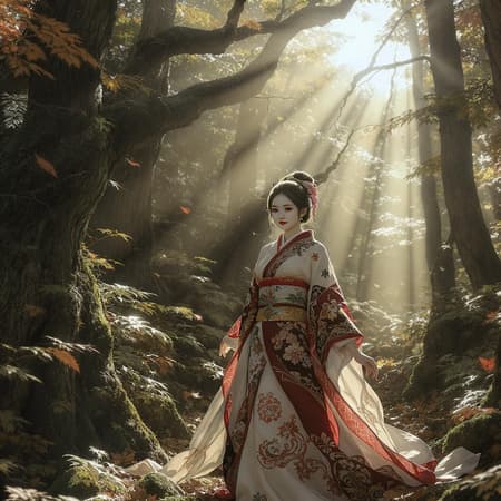 A young Asian woman gracefully wanders through a dense forest, her elegant kimono adorned with intricate patterns of the Western Zhou Dynasty in hues of dark white and light red. The scene captures the romantic allure of the forest, reminiscent of a detailed Unreal Engine 5 rendering. Sunlight filters through the canopy, creating a mesmerizing solarized effect that highlights the sharp details of her serene expression and the delicate folds of her garment. The setting exudes a harmonious blend of nature and traditional beauty, presenting a vivid, immersive character illustration with a dreamlike quality.
