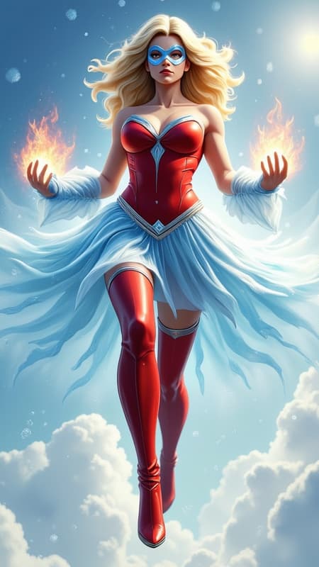 Super-hero, fire and ice,  controller of 2 elements. Tall, athletic, statuesque feminine Caucasian female. Icy blue eyes. Medium length golden blonde hair, volumous with side-parted fluffy bangs. She wears an icy silvery-white super-hero mask over her eyes. 

Form-fitting body suit, sleeveless fiery-red top with silvery-white trim around the arm holes and a high collar, trim is shaped like flames. Diamond shaped cut-out in cleaveage area. Boots are high heeled and also fiery-red,  knee high and tops of boots are also flame shaped. Silver chrome v-shaped belt around her waist, a sheer gossamer silvery white skirt with pieces shaped like icicles composing the shape of the shirt, icy blue crystalline Sheen on some if it. Icy blue long sleeved gloves with same crystalline sheen. She can create flames in one hand, ice in the other. She is a master of both elements, and her moods run hot and cold. Full body pose, flying through the air on wind currents. 