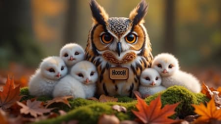 Grumpy Great Horned Owl With Barn Owl Chicks Photorealistic image of a large, grumpy brown Great Horned Owl with a "HOOH" tag around its neck, surrounded and being cuddled by four smaller, white Barn Owls. The owls are nestled among fallen autumn leaves and green moss in a forest setting. Soft, natural daylight illuminates the scene. The mood is endearing and slightly humorous due to the contrast in expressions. Rich autumn colors dominate, with warm browns, oranges, and reds in the leaves against the slightly blurred greens and browns of the distant trees. The central owl has amber eyes, and the barn owls have dark, gentle eyes.