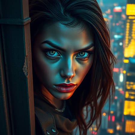 A tenacious young woman gazes out from a towering skyscraper, her piercing gaze illuminated by the vibrant glow of a cyberpunk cityscape. Her eyes blaze with intensity, and her intricately detailed features reveal a hyper-realistic presence. The juxtaposition of corroded metal textures and vibrant neon reflections creates a visually striking, maximalist composition. The scene evokes a profound sense of marvel and curiosity, transporting the observer to a one-of-a-kind, futuristic realm.