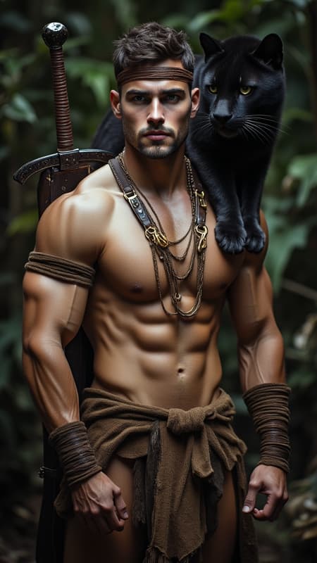 hypermasculine male, manly. Caucasian jungle man, dark brown hair short on sides longer on top. A brown leather band tied around the forehead. Tanned skin, smooth and hairless. Pale grey eyes with intense spiritual gaze. Strong brow and chiseled strong jaw, handsome, rugged looks. Soul patch on face. Tall, strong, muscular, sinewy, well defined, broad shoulders, broad chest, wide back. Olympian gymnast build/body. Gold necklace/talisman with leather strap around the neck. Wrapped brown leather bands around wrists, bands around tops of biceps, accenting big arms. Brown o-ring harness on the chest, strapped from the shoulder. Brown leather loincloth, barely covering the crotch area, exposing strong powerful legs. Soft, brown cloth knee-high boots wrapped around legs. Full body pose. He wields a unique bastard sword that he straps to his back. He keeps company with a huge, sleek black panther. ((MASTERPIECE)) hypermasculine male, manly. Caucasian jungle man, dark brown hair short on sides longer on top. A brown leather band tied around the forehead. Tanned skin, smooth and hairless. Pale grey eyes with intense spiritual gaze. Strong brow and chiseled strong jaw, handsome, rugged looks. Soul patch on face. Tall, strong, muscular, sinewy, well defined, broad shoulders, broad chest, wide back. Olympian gymnast build/body. Gold necklace/talisman with leather strap around the neck. Wrapped brown leather bands around wrists, bands around tops of biceps, accenting big arms. Brown o-ring harness on the chest, strapped from the shoulder. Brown leather loincloth, barely covering the crotch area, exposing strong powerful legs. Soft, brown cloth knee-high boots wrapped around legs. Full body pose. He wields a unique bastard sword that he straps to his back. He keeps company with a huge, sleek black panther. ((MASTERPIECE))