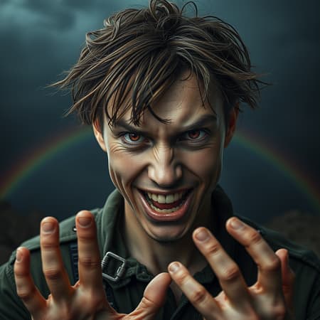 Technology, dark ambiance, furious expression, piercing clear eyes, disheveled hair, intense anger, stunning beauty mixed with chaos, smooth skin, striking pink eyes, elements of a rainbow in the background, absurd and surreal setting, a touch of silliness, a smiling yet intense soldier, sloppy uniform, expressing surprise and embarrassment, captured in high detail, hyperrealism photography, ultra-realistic and intricately detailed features, set in a breathtaking environment with hints of old paint textures, amidst a brewing storm, slightly out of frame to evoke mystery, unusual finger arrangement hinting at mutated hands, subtle blurriness adding depth, a cloned yet unique face, proportions that challenge norms, extraordinary limbs, all wrapped in a blend of beauty and distortion.