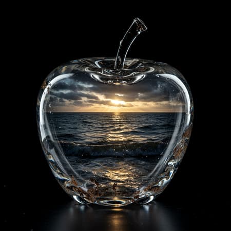 A striking double exposure image blending a turbulent stormy sea and a lustrous glass apple; the sea forms the atmospheric backdrop, its dynamic details subtly interwoven within the glossy, crystal-clear apple. Captured with sharp focus, this lifeless glass apple portrays themes of decay and opulence, featuring earthy tones and an intricate design. The hyper-realistic and high-definition portrayal brings out every minute detail, set against a dark softbox setting. Enhanced by ray tracing technology, creating a cinematic HDR effect, the image is exceptionally photorealistic, capturing the essence of elegance amidst nature’s chaos.