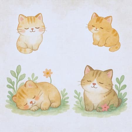 Charming UI illustration featuring cute pets at rest, embracing tranquility and mindfulness in a watercolor style, employing a pastel color palette with a subtle khaki background, hinting at a raw and authentic artistic touch.