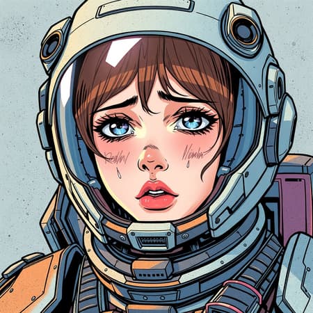 Armored astronaut girl portrait in a comic book style, featuring a detailed battlemech; showcases an intricate fanart of a crying cyborg woman; presented in vibrant full-color manga and anime visual styles; inspired by the aesthetic of Valerian Nartfixer, incorporating imaginative and unique elements.