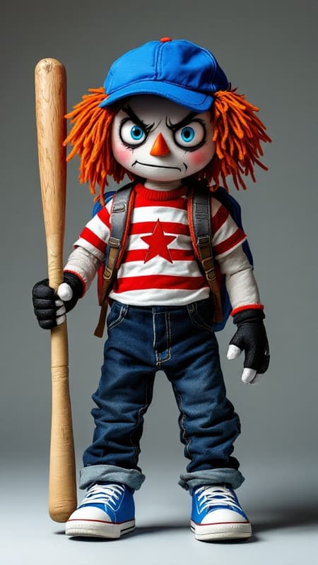Angry, psychotic RAG DOLL. Raggedy Andy on steroids. Doll made of cloth. Tall, strong, athletic. Bright red yarn hair, bright blue baseball cap turned backwards. Canvas material skin, orange triangle nose. Bright blue almost human glass eyes. Angry permanent frown. T-shirt with red and white horizontal stripes, a red cutout star on the front of the shirt. Blue denim jeans, fingerless black leather gloves. Blue and white canvas sneakers. He carries a wooden baseball bat, always ready to smash something. He also carries a school backpack on his back. full body pose. 