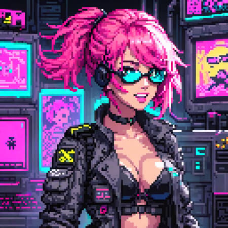 (swat man), (pixel art), detailed, torso, gloves, mask, goggles, action pose, trench coat, pink, surreal, strange, (full body sexy gamer girl with pink hair photo), vaporwave neon theme, woman, portrait, smile, laugh, open mouth, (upper body, bust shot, looking away:1.1), neon hair