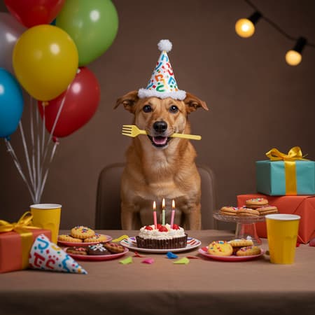 A joyful canine celebration unfolds with a delightfully charming pup wearing an adorable party hat and holding a whimsical plastic fork in his mouth. Seated at a table adorned with a scrumptious cake and delectable treats, the scene is surrounded by vibrant balloons and beautifully wrapped gifts. The room exudes a warm, festive ambiance with studio lighting casting gentle highlights. Pleasant colors and intricate detailing bring the setting to life, with the composition thoughtfully following the Rule of Thirds and featuring an unexpected quirky element that adds a touch of playful surprise.
