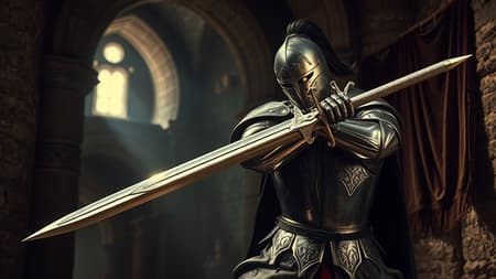 A medieval knight, poised mid-swing with a gleaming long sword, encased in intricate full body armor that reflects the light with a realistic sheen, set against a dimly lit stone castle corridor, showcasing ultra-detailed craftsmanship and subtle battle-worn textures. The scene is dramatic, capturing the tension of an impending clash while a slight breeze rustles through a tattered banner hanging nearby, evoking a sense of ancient chivalry and honor, with a focus on rich, earthen tones and atmospheric depth.