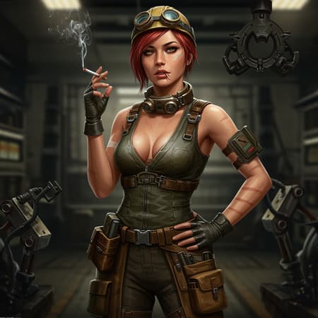A stunning digital painting of a woman in an industrial mechanic setting. She exudes a rugged yet captivating beauty, her skin smooth and lustrous, capturing sharp facial details, skin pores, and an intricate iris that seems to tell a story. She stands confidently amidst a fantastical working environment, an action shot capturing the essence of her strength and resilience as she takes a drag from a cigarette. The scene is enveloped in very dark lighting with heavy shadows, accentuating her features and the textures around her. Rendered in 8k, with a unity of smooth and sharp focus, the detailed artwork reflects influences from Artgerm, WLOP, and Ilya Kuvshinov, combining elements of realism and concept art. The piece is an evocative and beautifully crafted illustration, reminiscent of an artstation showcase with an octane render finish.