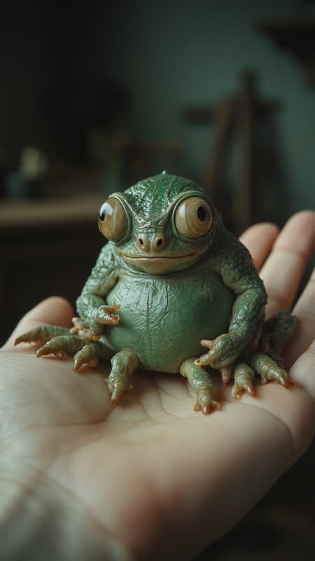 analog film photo image depicts a small, green, tentacled creature with large eyes and a bulbous body, resting on an open palm.
In the foreground, the creature's intricate details are visible: its numerous tentacles, each curled at the end, and its large, round eyes that seem to stare directly into the viewer. The creature's skin appears rough and wrinkled, with deep creases etched across its surface. Its body is a muted green color, with hints of brown and tan around the edges.
The background of the image is blurred, but it appears to be a dark room or space, with shadows cast on the walls. The overall atmosphere of the image is one of curiosity and fascination, as if the viewer is being invited to examine this strange creature up close.
The composition of the image is simple yet effective, with the creature centered in the frame and the palm serving as a subtle contrast to its alien appearance. The lighting is soft and diffused, which helps to emphasize the texture and detail of the creature's skin.
Overall, the image presents a captivating and intriguing scene that invites the viewer to explore the mysteries of this unusual creature . faded film, desaturated, 35mm photo, grainy, vignette, vintage, Kodachrome, Lomography, stained, highly detailed, found footage