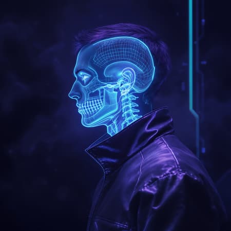 Futuristic surrealism portrait of a man in a side profile, featuring transparent skin that reveals his bones glowing with a neon-blue bioluminescent effect. He wears minimalist avant-garde attire, set in a dark ambient environment that contrasts sharply with the vivid details of his skeleton. The background is surreal and sci-fi moody, enveloped in deep fog. Soft, cool violet lighting subtly illuminates the skeletal structure, complemented by translucent textures. The scene embodies cinematic lighting and cyberpunk aesthetics, displaying x-ray vision qualities using futuristic materials, while maintaining a sense of minimalism and realism.