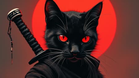 samurai feline, sword on hip, piercing amber gaze, monochrome image, dark and crimson streaks