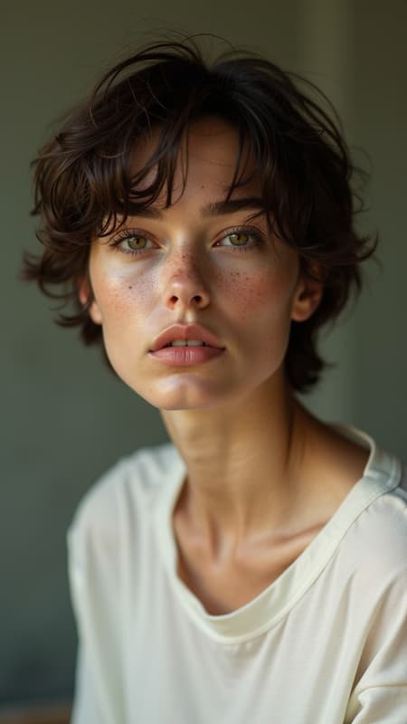 Realistic portrait of a woman with a few freckles, large expressive eyes, and slightly tousled short hair, captured outdoors wearing a simple white t-shirt. She gazes directly at the camera with slightly chapped lips. The scene is bathed in soft, natural light that enhances the dramatic mood, evoking a sense of magical realism. The ultra-detailed intimate portrait features an emphasis on photo realism, captured with a Leica 50mm lens at f1.4, showcasing intricate textures and subtle contrasts in lighting.