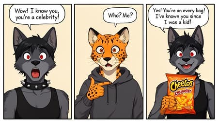 Comic strip, 3 panels, anime style.

Panel 1: Upper body of an anthropomorphic dog-like character, dark fur, short black hair, red eyes, wearing a spiked collar and black tank top, mouth open in surprise, looking slightly left. Speech bubble: "Wow! I know you, you're a celebrity!"

Panel 2: Upper body of an anthropomorphic cheetah character, orange spotted fur, wearing a dark grey hoodie, pointing to self with right hand, surprised expression. Speech bubble: "Who? Me?"

Panel 3: Upper body of the anthropomorphic dog character, smiling, holding up a bag of Cheetos Crunchy, looking slightly right. Speech bubble: "Yes! You're on every bag! I've known you since I was a kid!"

Clean linework, flat colors, subtle shading, bright and neutral lighting. Light beige background. Humorous mood.