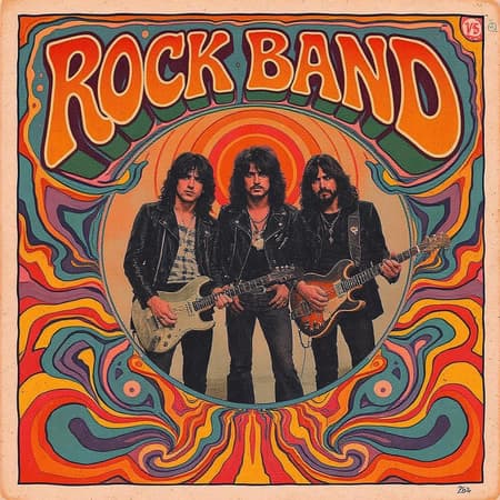 1970's rock band album cover art featuring psychedelic designs, vibrant colors, and a vintage aesthetic with bold, swirling patterns and iconic retro fonts.