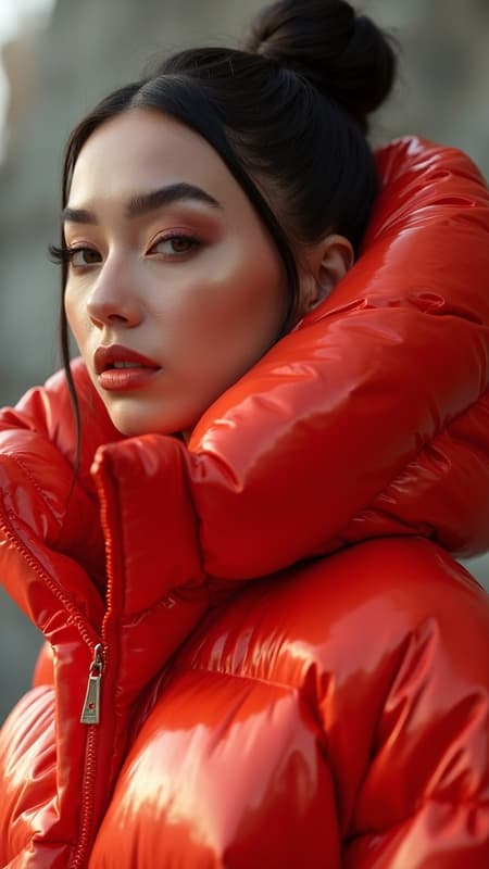 Bright and vivid fashion portrait featuring an extraordinarily beautiful woman clad in a dramatically oversized puffer jacket designed by renowned labels Craig Green, Dingyun Zhang, Yeezy, Balenciaga, and Vetements. The focus is sharp, with intricate detailing, creating a cinematic and luxe atmosphere. The composition is glossy and glamorous, exuding symmetry and elegance, reminiscent of a high-fashion editorial in Vogue. The overall vibe is contemporary and stylish, with a hint of offbeat flair.