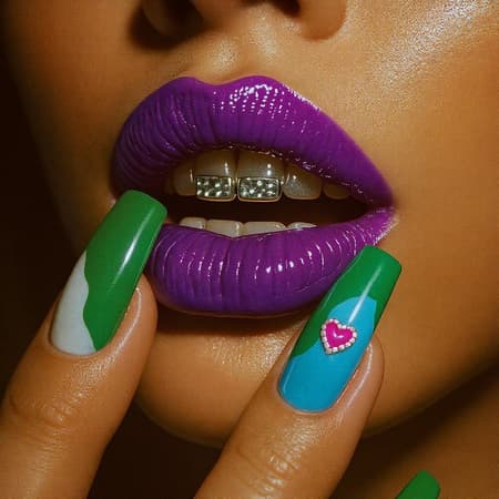 A close-up photograph captures glossy, deep violet lips, slightly parted and curved, unveiling teeth adorned with a sleek silver grillz. The lips glisten with a high-shine, wet-look gloss, dramatically reflecting the light. Elegant, vibrant acrylic nails display a bold, abstract design in shades of emerald, azure, and pearl white pressing gently against the lips. One nail is embellished with a playful pink heart charm surrounded by tiny, glistening rhinestones. The image is bathed in moody, cinematic lighting with warm amber tones and soft, enveloping shadows. It possesses a grainy, film-like quality reminiscent of classic, high-fashion editorial photography. Shot with a macro lens, the photo features a shallow depth of field, high contrast, and a timeless 35mm film aesthetic.
