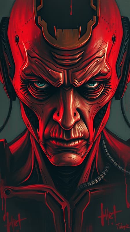 A front view of a creepy man with an oil painting texture, capturing his upper body with a heavy brush style. The scene integrates a sci-fi entity with organic and mechanical elements, where his eyes are intensely locked in a gaze. His face embodies the horror of technology within a dystopian atmosphere. The color scheme is dominated by bloody red and deep black, resonating with the chaos and rawness of Tsutomu Nihei's dystopian worlds. Hyper-detailed features evoke a sense of realism, with subtle creative twists to enhance the chilling narrative.