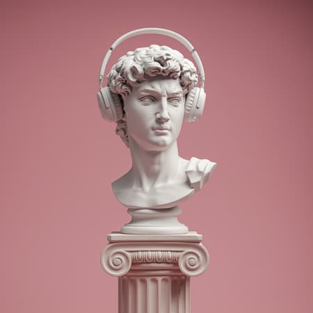 Plaster bust of David with white Marshall headphones, set on a Doric column, against a pastel pink background in a 4:5 aspect ratio, featuring soft lighting for a classical modern fusion.