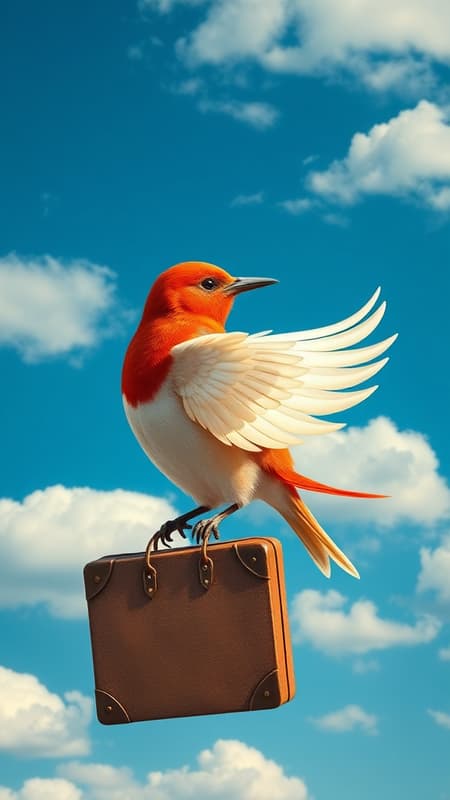 Create a logo for a travel website featuring a crimson bird with elegant ivory wings clutching a vintage suitcase, set against a cerulean sky dotted with fluffy clouds. The design is inspired by the intricate and whimsical style of Beatrix Potter, capturing a cottage core aesthetic. Rendered in ultra-high detail at a 45-degree angle, this artwork embodies the charm and allure of nature with a focus on intricate textures and storytelling elements, presented in an 8K resolution to highlight its detailed craftsmanship.