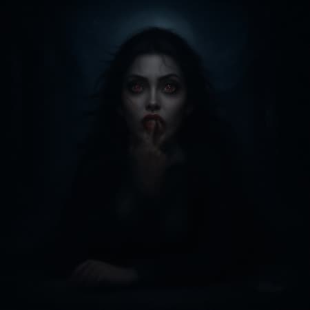 Portrait of a vampire woman with jewel-like eyes, biting the viewer in a Victorian back alley. Blood-sucking and dramatic, she pins down the camera with a direct gaze, her long, messy hair blowing in the wind. The scene captures the viewer's perspective lying on the ground, revealing a detailed symmetrical face in a dark alley lit by detailed and dramatic lighting, with dust particles floating in the air. In the background, the night sky is dotted with stars and dark clouds, illuminated by a full moon. The atmosphere is inspired by the works of John Constable, Ed Blinkey, and Jeremy Mann, with influences from Makoto Shinkai and Asian art styles. The vampire wears a black dress, while the setting reflects intricate, high-detail artistry, reminiscent of trending pieces on ArtStation and CGSociety.