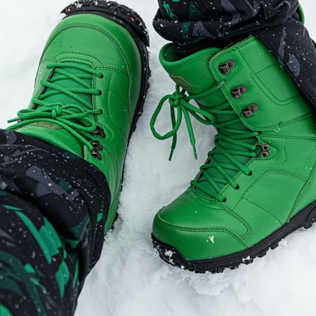 Glancing downward, vibrant green leather snowboard boots with matching laces stand out against a snowy backdrop, paired with snowboard pants featuring an intricate blend of black and emerald patterns. Glancing downward, vibrant green leather snowboard boots with matching laces stand out against a snowy backdrop, paired with snowboard pants featuring an intricate blend of black and emerald patterns.