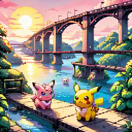 Pokemons Pikachu and Jigglypuff on the edge of a bridge overlooking the water and setting sun romantic beautiful light