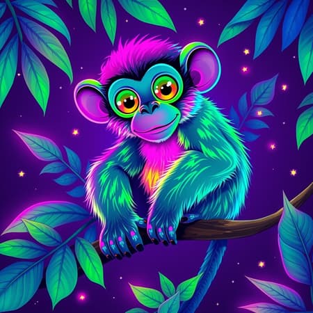 Vibrant blacklight-infused monkey illustration showcasing a whimsical monkey sitting on a branch, its fur glowing with neon pinks, electric blues, and vivid greens against a deep purple background, large curious eyes reflecting a spectrum of fluorescent hues, surrounded by tropical leaves, each leaf emitting a subtle luminescent aura, and tiny fireflies creating a constellation of glimmers in the night air.