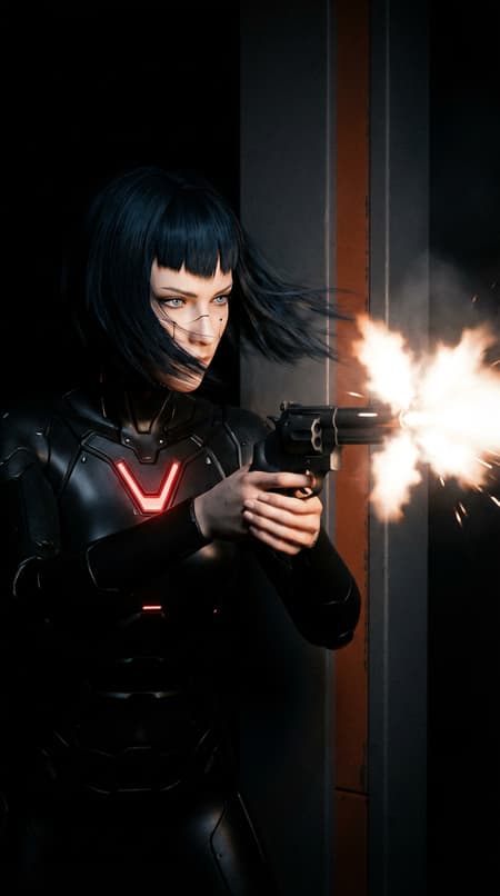 A high-fidelity cinematic medium close-up shot on an ARRI Alexa Mini with a 50mm anamorphic lens, f/1.4 aperture. The camera captures the exact frozen instant of a gunshot being fired in near-total darkness. The ONLY light source in the entire image is the bright white-orange muzzle flash from the revolver.

A photorealistic female android is captured in three-quarter profile from the chest up, both hands gripping an ultra-compact snub-nose revolver extended in front of her at arm's length — matte black, hexagonal cylinder, barrel aligned with the bottom chamber. A violent starburst of bright white-orange muzzle flash erupts from the barrel, illuminating her face and the immediate surroundings in a single frozen instant. Her pale porcelain face is lit harshly from the front by the flash — ice-blue eyes narrowed, dark blue-black angular bob hair blown slightly back, horizontal mid-face seam line across the bridge of her nose sharply visible, metallic collar ring glinting. Her expression is cold and locked in. The red V-chevron chest plate on her black polymer chassis catches the flash light. Using @img1 as character reference, @img2 as revolver reference.

Everything beyond the reach of the muzzle flash is PURE BLACK — the corridor walls, ceiling, floor, all invisible. The flash catches only the closest charcoal-gray wall panel and a sliver of rust-orange horizontal stripe immediately beside her. The muzzle flash casts razor-sharp shadows behind her head and arms. Spent sparks and gas trail from the barrel. The entire image is darkness interrupted by one violent instant of light.

Cinematic color grading — extreme contrast, pure black shadows, the muzzle flash burns hot white at center fading to orange at the edges, her face lit in warm tones by the flash against the total darkness. Film grain, slight motion blur on the muzzle gas.