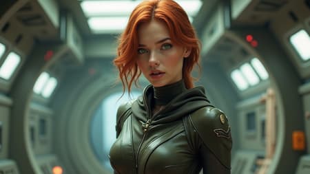 Space Station Setting, Art In a futuristic space station setting, a photorealistic depiction showcases a captivating redhead, her vivid green eyes drawing you in with unwavering confidence. Clad in a sleek, form-fitting suit with subtle Jedi-inspired elements and a flowing hood, her natural grace is on full display. Her attire accentuates her alluring figure, highlighting her balanced physique and confident poise. With minimal makeup enhancing her features, her natural beauty radiates as she gazes directly at the viewer, exuding a calm yet commanding presence.