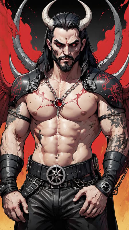 Cosmic horror. Chaos from creation. Abyss demon, death demon. Hypermasculine male, tall, extremely muscular, brute, sinewy. Pale white skin. Red, menacing eyes with dark circles around them. Strong brow and jaw, vampire-like fangs in his mouth. Black medium length hair, wild and unruly. 2 large white ivory horns curving up from the sides of his head. Black goatee on his face. His upper body is covered in dark red tribal tattoos and sigils, all neatly arranged. Big silver chains are wrapped around his massive chest in an o-ring style harness, also wrapped above his biceps. Heavy black leather bracers with spikes are on his arms. Hands have black, claw like fingernails. He wears form-fitting, leather bondage-type pants with chains around his waist. A large silver inverted pentacle as the belt buckle. Pants are tucked into big, heavy black boots adorned with silver metal. He has 2 gigantic demon wings, black on the outsides and reddish on the insides-- he uses them to fly. He has a dark aura and there is black smoke wherever he goes. Full body pose. He is a worshiper of Death. Cosmic horror. Chaos from creation. Abyss demon, death demon. Hypermasculine male, tall, extremely muscular, brute, sinewy. Pale white skin. Red, menacing eyes with dark circles around them. Strong brow and jaw, vampire-like fangs in his mouth. Black medium length hair, wild and unruly. 2 large white ivory horns curving up from the sides of his head. Black goatee on his face. His upper body is covered in dark red tribal tattoos and sigils, all neatly arranged. Big silver chains are wrapped around his massive chest in an o-ring style harness, also wrapped above his biceps. Heavy black leather bracers with spikes are on his arms. Hands have black, claw like fingernails. He wears form-fitting, leather bondage-type pants with chains around his waist. A large silver inverted pentacle as the belt buckle. Pants are tucked into big, heavy black boots adorned with silver metal. He has 2 gigantic demon wings, black on the outsides and reddish on the insides-- he uses them to fly. He has a dark aura and there is black smoke wherever he goes. Full body pose. He is a worshiper of Death.