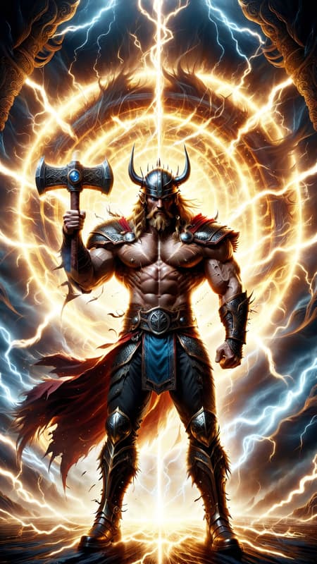 Ancient cleric of Thor,  Viking warrior and mystic. He is a healer and controller of weather--- but he mostly brings the lightning and thunder during battle. He is also a true Viking warrior. He wields a large metal war hammer, just like his pstron diety. Tall, muscular, big muscles, strong, fit. Wide back, broad chest, narrow waist, sinewy. Handsome masculine rugged face with icy blue eyes, strong brow and jaw, neatly trimmed mustache and Beard. He is strawberry-blonde, long shoulder length hair side parted and volumous. He wears a golden metal circlet around his head, it shines and glistens in the sunlight. He is bare chested, but wears heavy gold chain around his neck with s golden Viking hammer symbol. Gold metal pauldrons and shoulder pads on his shoulders. Brown leather o-ring harness on his massive chest. Brown leather bracers on his arms, thick brown leather belt around his waist, both adorned with bronze rivets. Black warrior pants on his muscular legs, brown leather knee-high boots on his feet. A dark crimson cloak on his back, blowing in the wind. He holds up his war hammer in his fist, his muscular arm raised up to the sky, the long hairs under his arm very visible. Full body pose, warroir stance and challenging the forces of darkness. He brings the lightning and the light. 