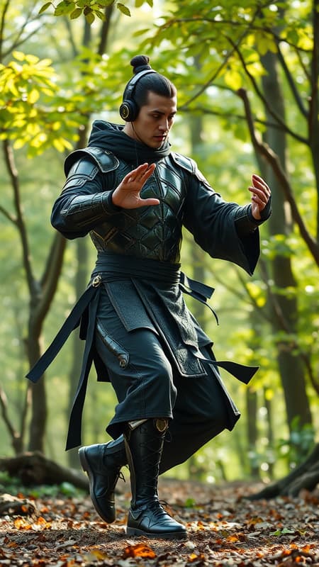 A male warrior enveloped in sleek, futuristic armor moves with deliberate grace amidst a tranquil forest, the soft hum of headphones delivering the soothing strains of classical symphonies as he practices tai chi, each motion fluid and harmonious, creating a serene dance of strength and poise against the backdrop of rustling leaves and gentle whispers of nature.