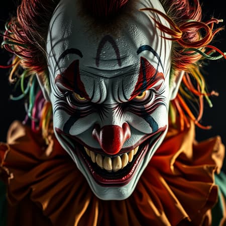 A hyper detailed masterpiece photograph capturing the unsettling visage of a sinister clown, its malevolent eyes revealing a deeply wicked soul. The clown's face is painted with vibrant, chaotic colors that contrast sharply with an eerie grin stretching across its face, exuding an aura of menacing intent. Shadows play across its features, highlighting the intricate textures of its weathered skin and enhancing the sinister glint in its eyes. Wisps of wild, unkempt colorful hair frame the terrifyingly cunning expression, while its tattered costume, once bright and jovial, now appears sinister and foreboding against a dark, ominous background. A hyper detailed masterpiece photograph capturing the unsettling visage of a sinister clown, its malevolent eyes revealing a deeply wicked soul. The clown's face is painted with vibrant, chaotic colors that contrast sharply with an eerie grin stretching across its face, exuding an aura of menacing intent. Shadows play across its features, highlighting the intricate textures of its weathered skin and enhancing the sinister glint in its eyes. Wisps of wild, unkempt colorful hair frame the terrifyingly cunning expression, while its tattered costume, once bright and jovial, now appears sinister and foreboding against a dark, ominous background.
