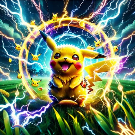 high quality art , taken with a professional grade camera with exquisite color grading , full body , massive pikachu , happy face ,mouth , tongue , fangs , pokemon , grass around , real , photoreal , strong legs and hands , fluffy , 35mm , lightnings and thunder around , (tries to hug:1.2) , large claws on hands, electric aura around