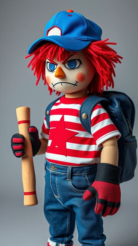 Angry, psychotic RAG DOLL. Raggedy Andy on steroids. Doll made of cloth. Tall, strong, athletic. Bright red yarn hair, bright blue baseball cap turned backwards. Canvas material skin, orange triangle nose. Bright blue almost human glass eyes. Angry permanent frown. T-shirt with red and white horizontal stripes, a red cutout star on the front of the shirt. Blue denim jeans, fingerless black leather gloves. Blue and white canvas sneakers. He carries a wooden baseball bat, always ready to smash something. He also carries a school backpack on his back. full body pose. 