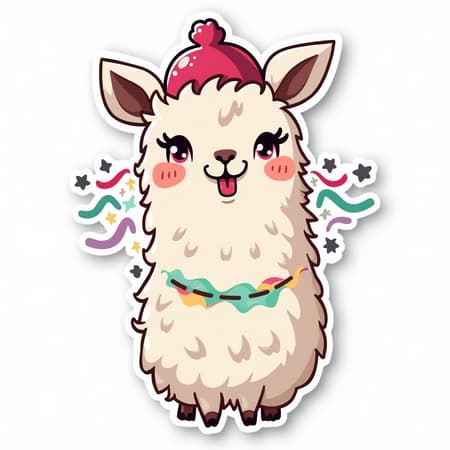 Create a lively sticker design of a whimsical llama, radiating fun and cheerfulness. Picture the llama with a cheeky expression, possibly sticking out its tongue or donning a quirky hat. Utilize vibrant colors and dynamic lines to highlight its playful nature, resulting in an irresistibly adorable graphic. Featuring bold contours against a white background, this design should embody the essence of joy with a unique twist, like adding colorful streamers or playful patterns to the llama's attire.