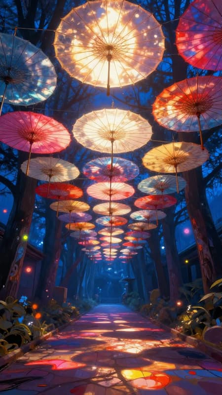 Magical Path Under Illuminated Japanese Umbrellas Vibrant digital art, looking up through a canopy of hundreds of colorful, translucent Japanese paper umbrellas, suspended above a path. The umbrellas are illuminated from above by a bright, warm light, casting dappled light and shadows. The path below reflects the light and colors in a mosaic-like pattern. The background features dark blue, abstract trees or structures, with scattered bright color accents. The overall mood is magical and ethereal. Detailed, high resolution, with a painterly texture and glowing effects.
